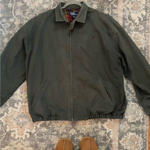 Vintage dark sage green polo jacket with plaid inside.